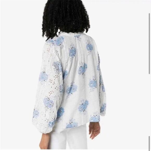 LoveShackFancy Spectra Floral Button down eyelet blouse white cotton blue floral - Picture 14 of 14
